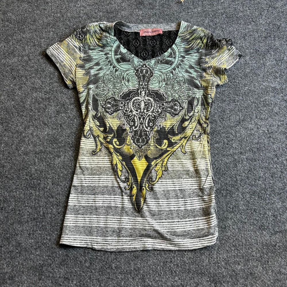 Angels & Diamonds T-Shirt Womens Size S Grey Graphic Cross Lace Back Y2K Glitter